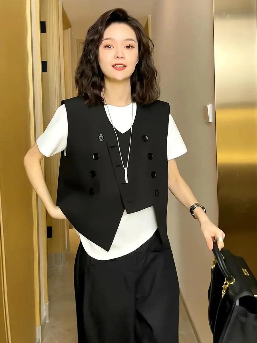 Ozhouzhan двубортный нерегулярный простой и стильный жилет с круглым вырезом верхняя