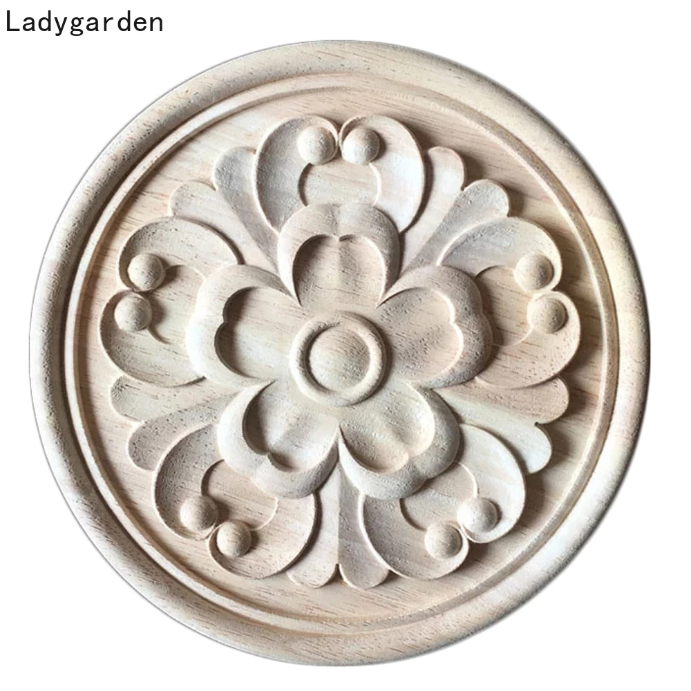 

20cm Flower Carving Natural Wood Appliques for Furniture Cabinet Unpainted Wooden Mouldings Decal Decorative Figurine