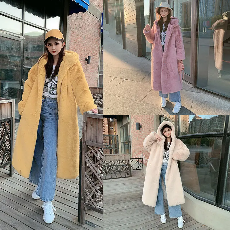 

New Women Warm Faux Fur Coat Thick Long Coat Female Hooded Collar Warm Coats Faux Fur Jackets Ladies Outerwear Overcoat G123