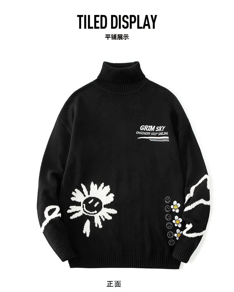 

High Neck Sweater Men's Autumn And Winter Fashion Brand Computer Knitted Smiley Face Long Sleeve Sweater