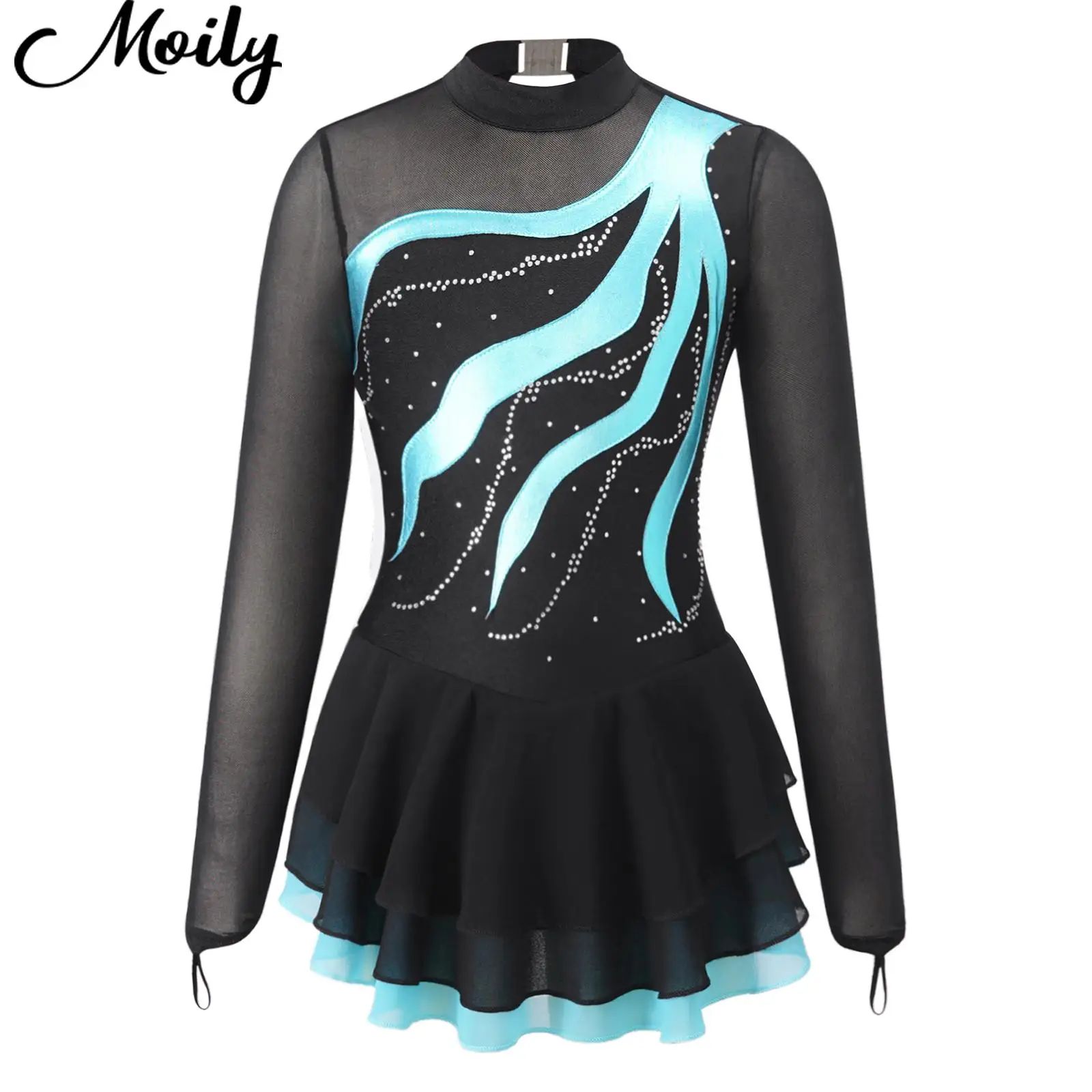 

6-16Y Children Kids Girls Ballet Leotards Dance Costumes Dancewear Long Sleeve Rhinestone Hollow Back Figure Skating Dance Dress