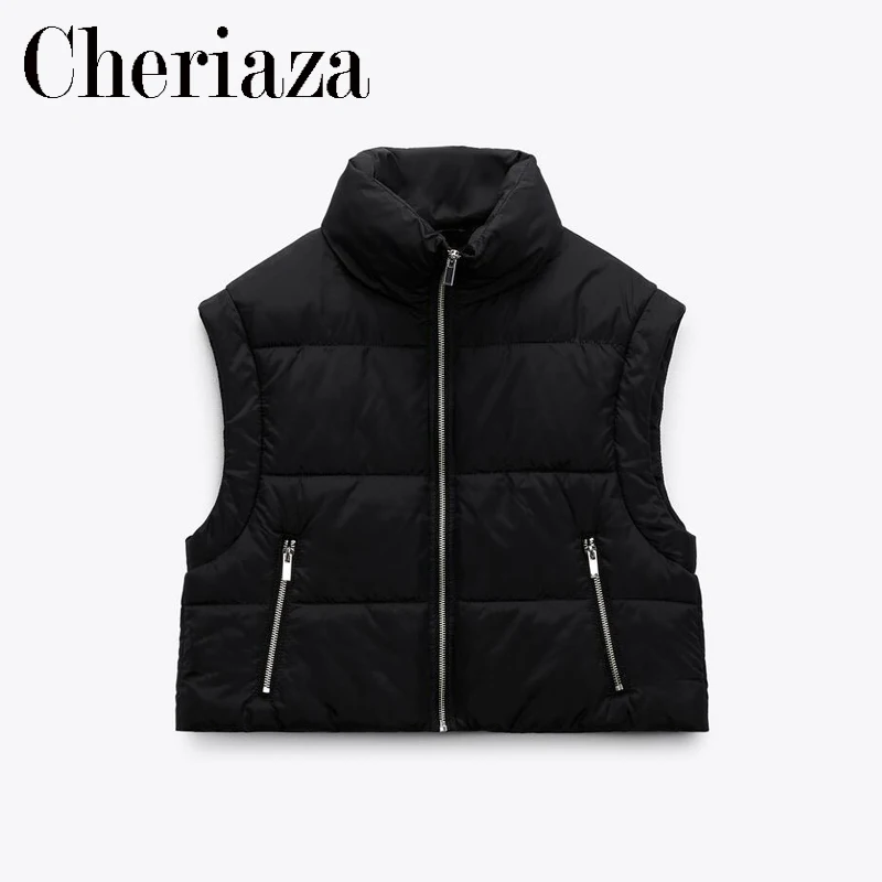 

Cheriaza Autumn Winter Black Cotton Vest Woman Stand Collar Sleeveless Casual Simple Solid Vests Stand Collar Pocket Waistcoat