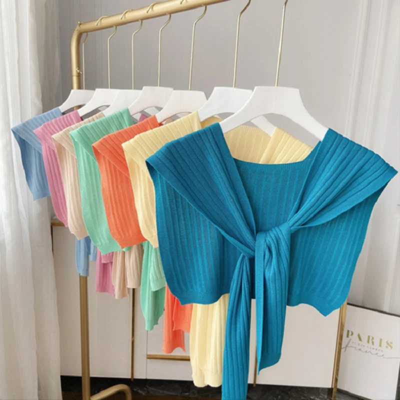 

Ladies New Summer Thin Sun Shawl Knit Fashion All-Match Scarf Women Short Neck Guard Solid Color Breathable Cappa