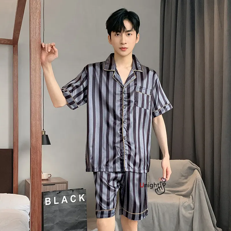 Men Pajama Sets Big Size Lounge Wear Fashion Silk Pajamas Summer Short Pj Set Homewear L-5XL Nightwear Homewear