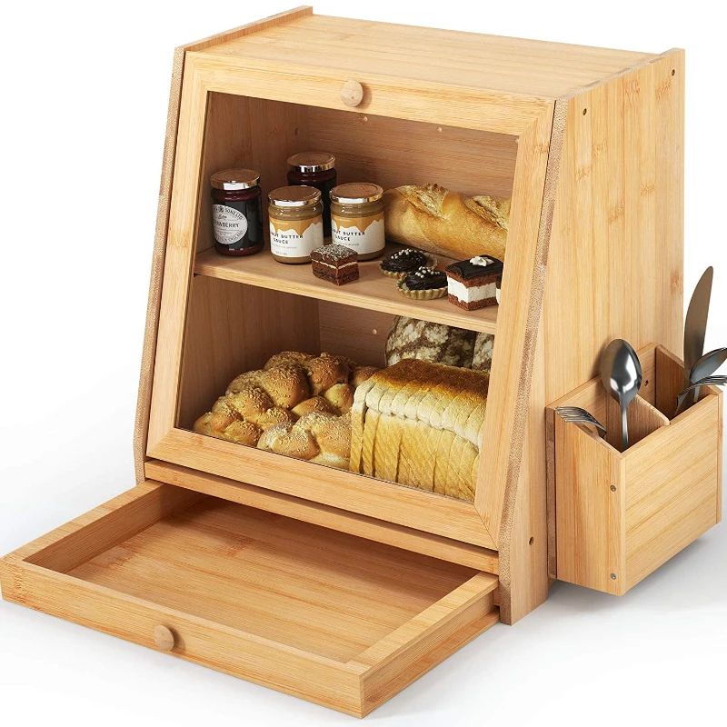 

Bamboo Counter Top Space Saving Bread Storage Box Food Storage Container, Bread Bin w/Utensil Holder and Pull-Out Drawer