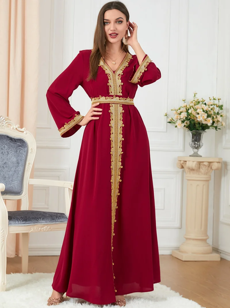 Dresses For Muslim Women Lace Embroidery V-Neck Long Sleeve Party Maxi Dress With Belt Elegant Moroccan Kaftan Turkey Wears