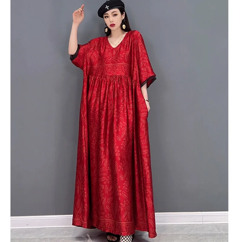 

Женское платье-пуловер средней длины, свободное платье с V-образным вырезом и принтом, с высокой талией, лето 2023