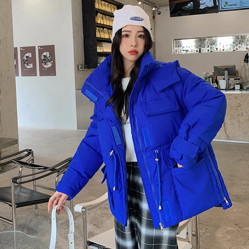 Winter Women's Warm Hood Parka Loose Fashion Solid Thick Down Padded Jacket Casual Versatile Women Drawstring Outerwear 2022 New