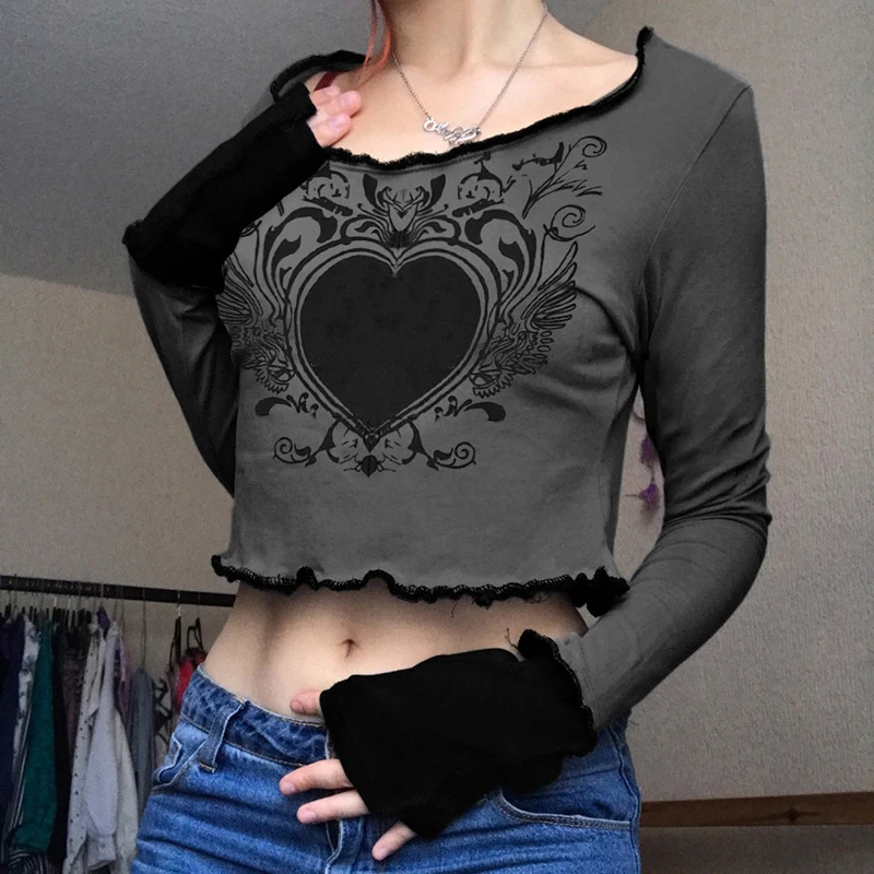 

Grunge vintage Fashion Heart Print summer T-shirt Top women Crop Tops Academia Goth Clothes Aesthetic T-shirt y2k streetwear 90s