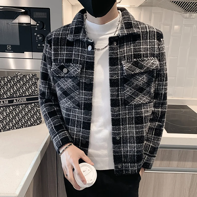 2022 Men's Winter Woolen Jacket Plaid Casual Business Short Trench Coat Fashion Slim Faux Mink Fleece Social Streetwear Overcoat