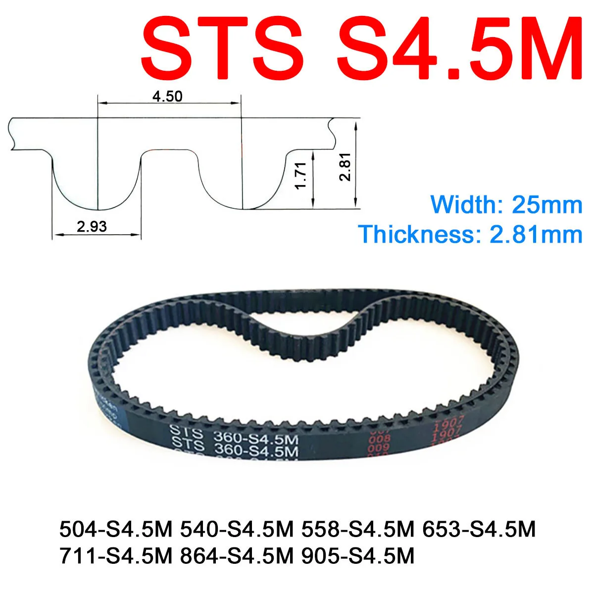 

1Pc Width 25mm S4.5M Rubber Arc Tooth Timing Belt Pitch Length 504 540 558 653 711 864 905mm Synchronous Belts High Quality