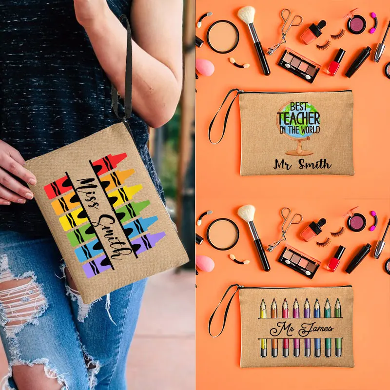 Custom teacher Makeup Bag back to school gift cosmetic organizer Bachelorette Party Gift Canvas Monogram Cosmetic Zipper Pouches