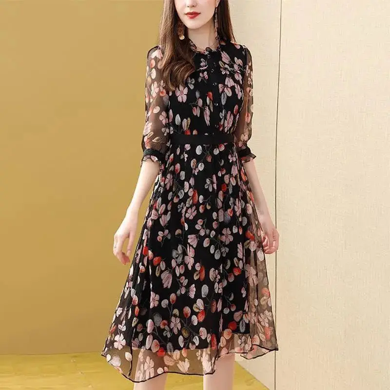 

Printed Dress Women's Lace Half-sleeved 2022 New Fashionable And Beautiful Waist Medium And Long Thin Chiffon Dress Summer Women