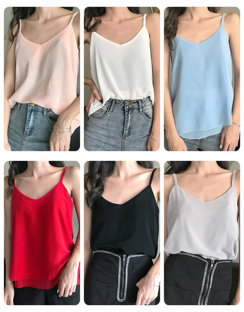 

JUNEFOXWomen's double layer chiffon tank top sling Korean version of the summer sleeveless V-neck loose large size bottoming top