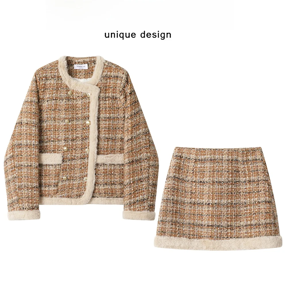 Xinmonlee French sle Elegant Socialite Graceful Fleece-lined Top Two-piece Set Winter A Word Short dress Temperament