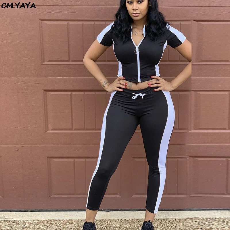 

Женский спортивный костюм из двух предметов, облегающий топ на молнии с коротким рукавом в стиле пэчворк, спортивный костюм, 3 цвета, Новинка...