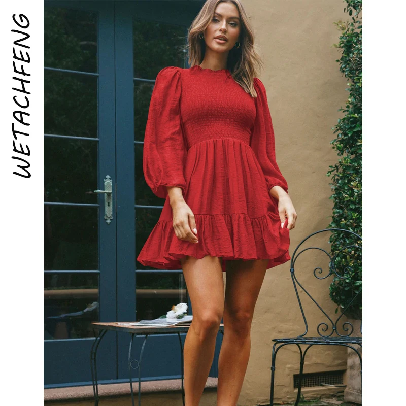 

Fashion Woman Dresses 2022 Elegant Beach Boho Party Holiday Vestidos Lantern Sleeve Ruffles Mini Bodycon Female Dress Clothes