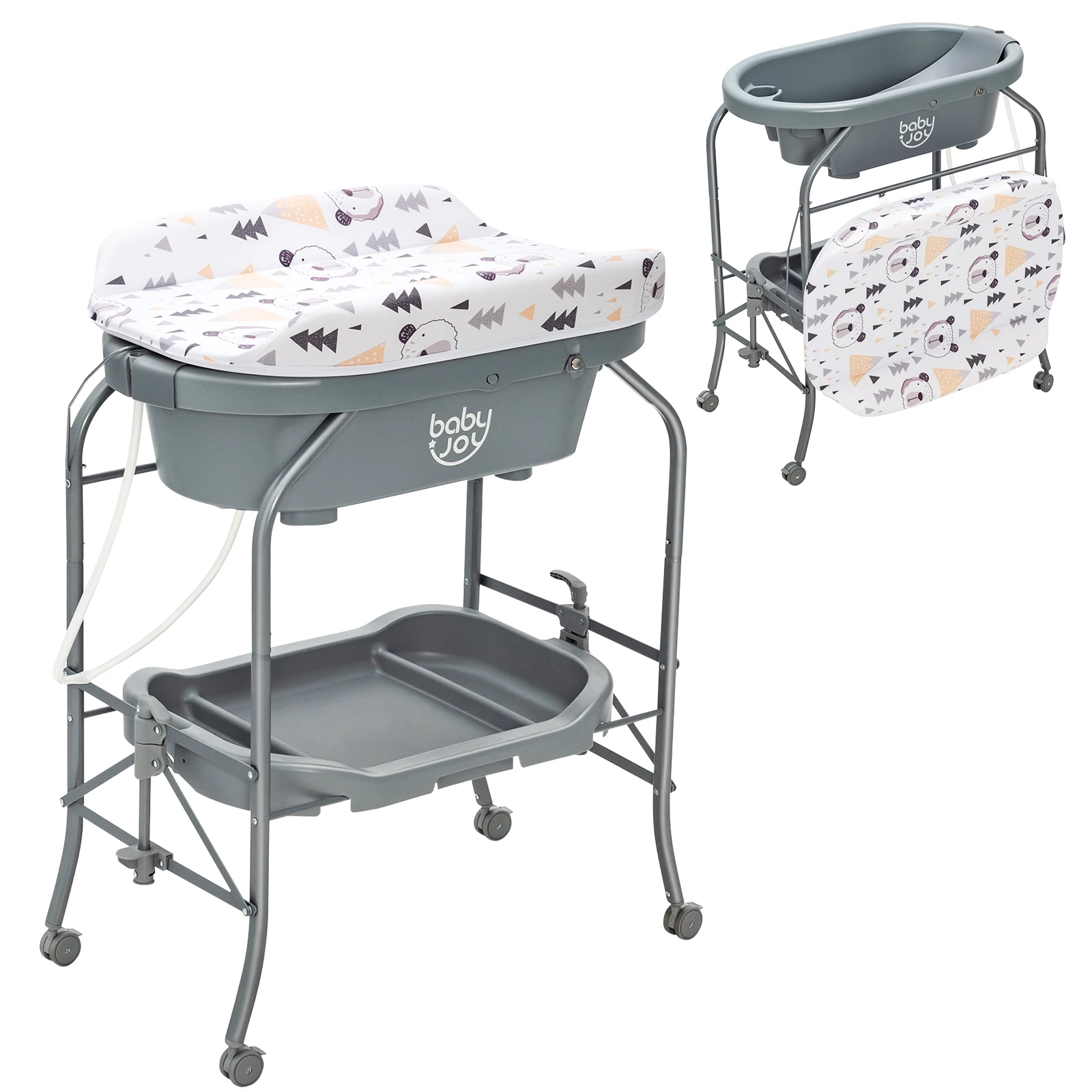 Babyjoy Baby Changing Table w/Bathtub, Folding & Portable Diaper Station w/Wheels Gray