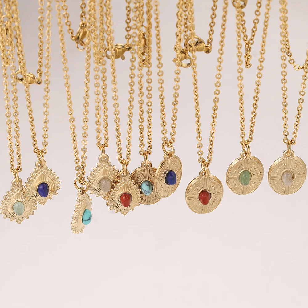

18K Gold-Plate Stainless Steel Teardrop oval Charm Chains Natural Stone Pendants Necklace for Women Jewelry