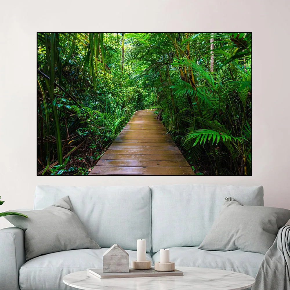 Пейзаж тропический Джунгли Лес зеленое дерево Солнечный свет холст живопись