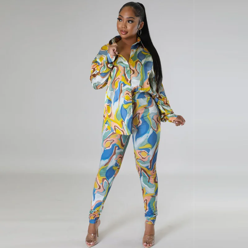 

WUHE красочный принт рубашка с длинным рукавом Топ Брюки-карандаш комплект из двух частей Осенняя женская одежда уличный Повседневный осенни...