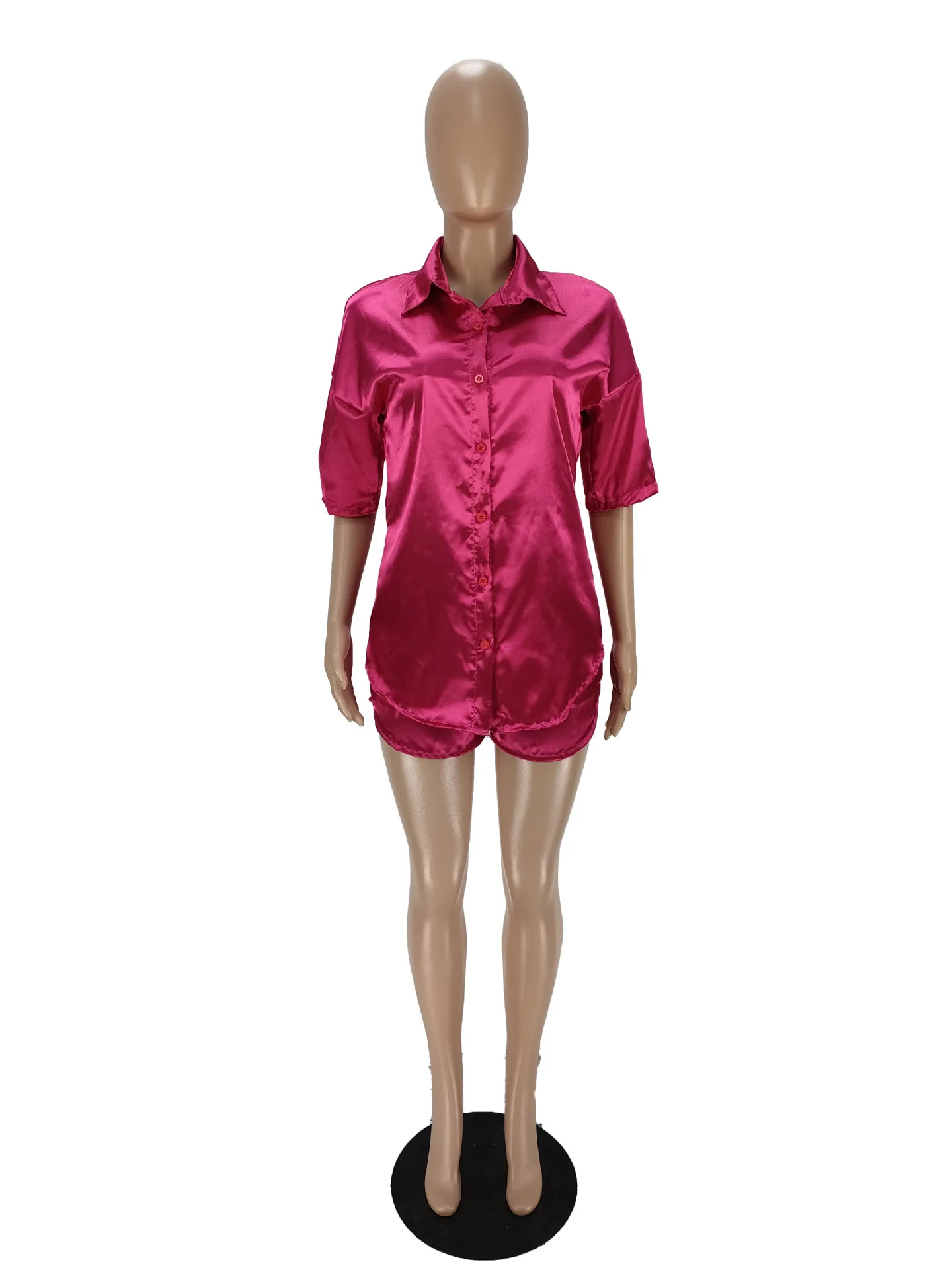 Satin Women 2 Piece Set Button Up Short Sleeve Button Up Shirts Shorts Matching Set 2022 Summer Office Lady Workout Tracksuits 6
