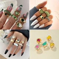 1 set new vintage green heart rings set for women fashion pink green color resin alloy flower love heart ring wholesale jewelry
