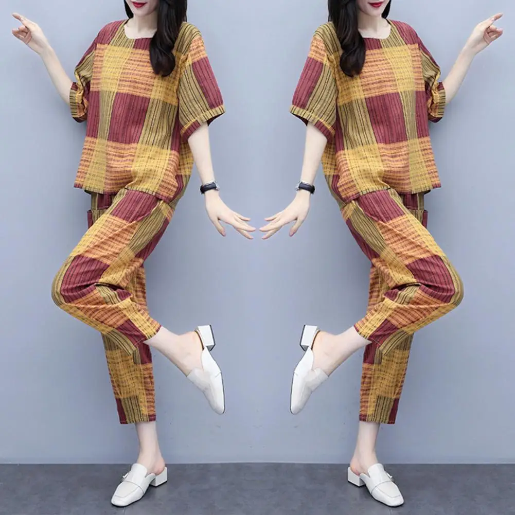 

2 Pcs/Set Trendy Women Pajamas Set Short Sleeve Sleepwear Mom Pants Set Casual Plus Size Mid-aged Women Set