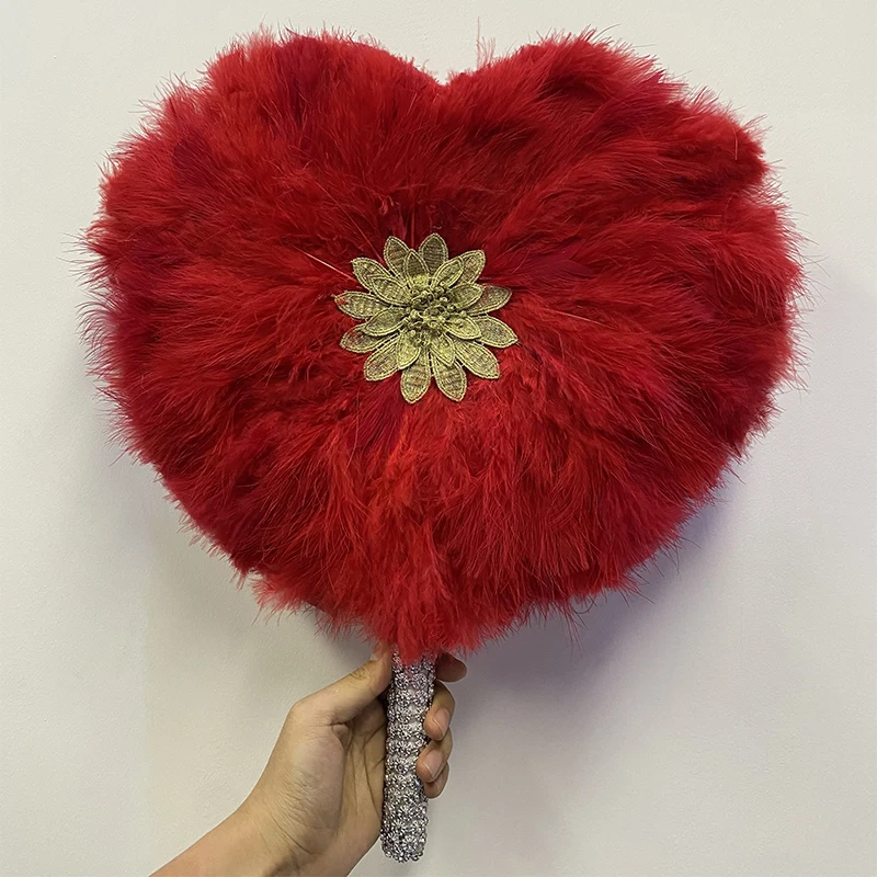 

2021 New Design African Red Feather fan ladies wedding feather fan for bride LOVE-HEART feather nigerian feather handfan