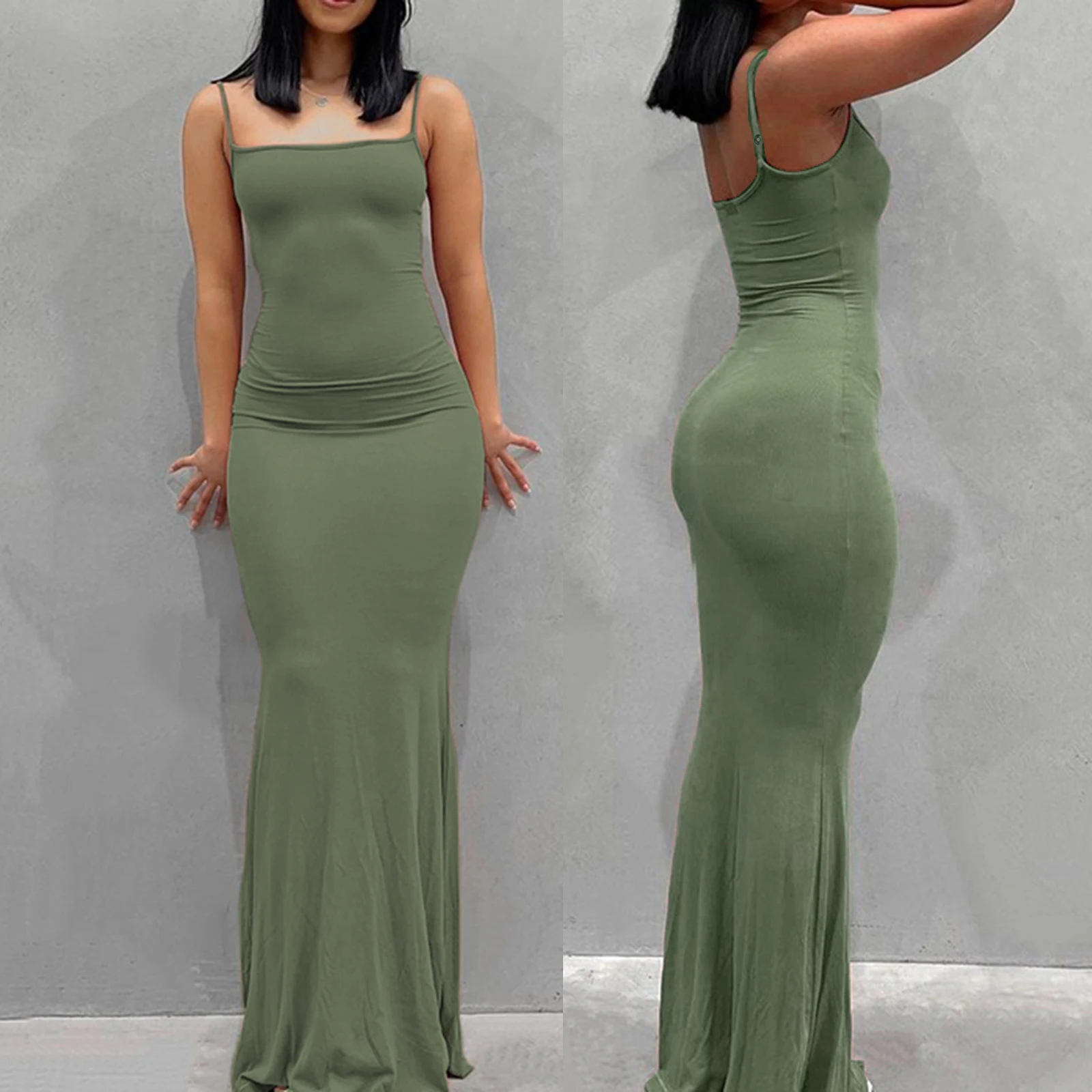 Женское однотонное платье-комбинация без рукавов на тонких бретельках