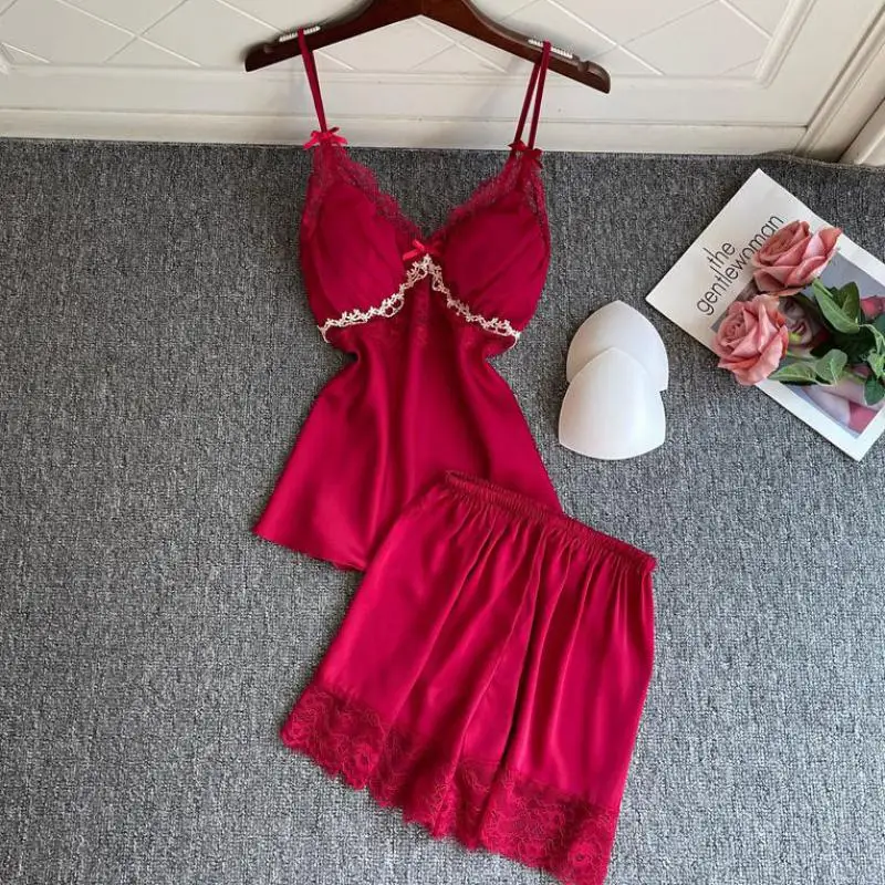 

New Cami&shorts 2Pcs Sleep suit Sexy Women Lace Sleepwear Nightwear Satin Home Clothes Pajamas Suit Lady Intimate Lingerie