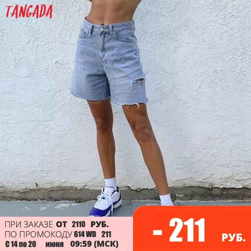 

Tangada Summer Fashion Women Blue Ripped Shorts Pants Trousers Boyfriend Style Tassel Pockets Buttons Shorts PP11
