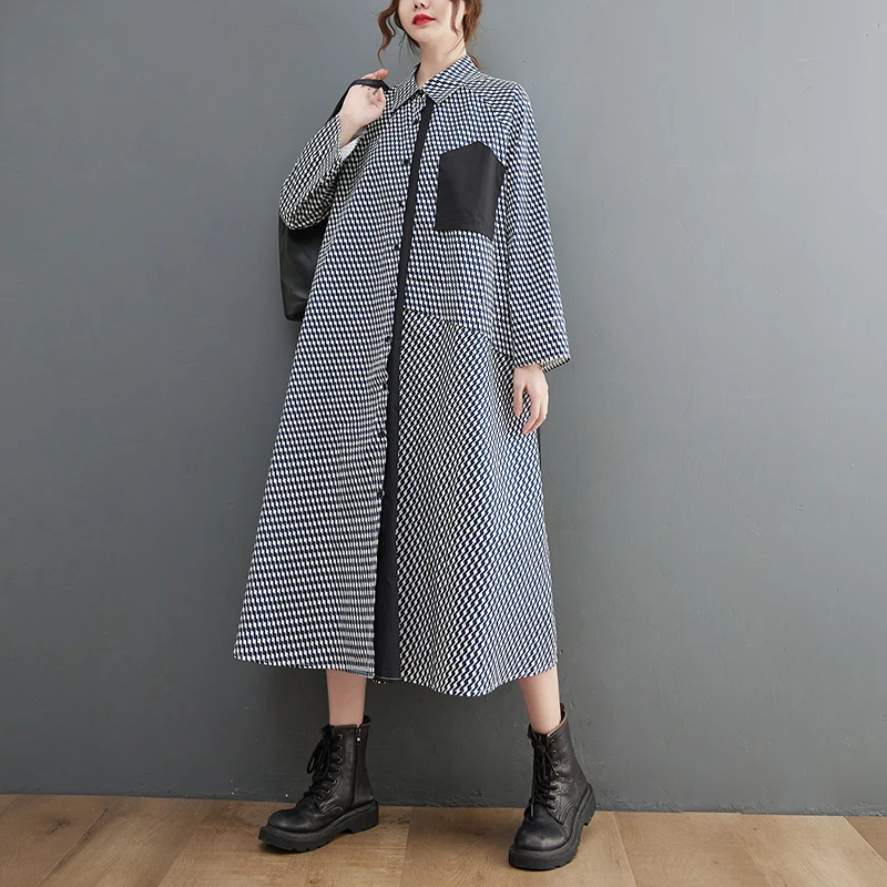 

SuperAen Loose Temperament Oversized Turndown Collar Long Sleeve Plaid Long Shirt Dress for Women
