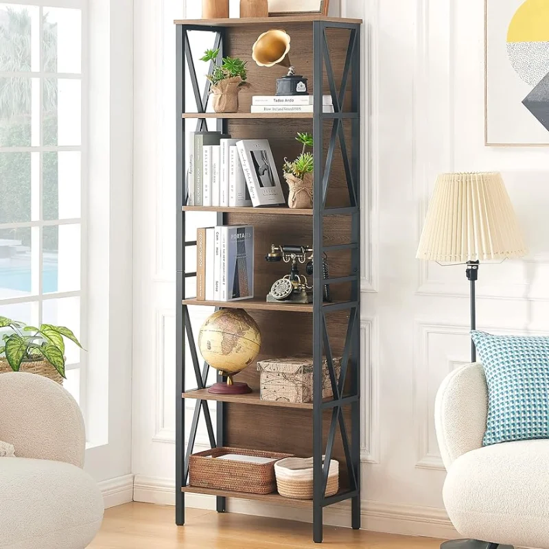 

6-Tier Bookshelf, Rustic Wood Metal Bookshelves and Bookcases, Freestanding Open Bookshelf, Industrial Tall Bookcase