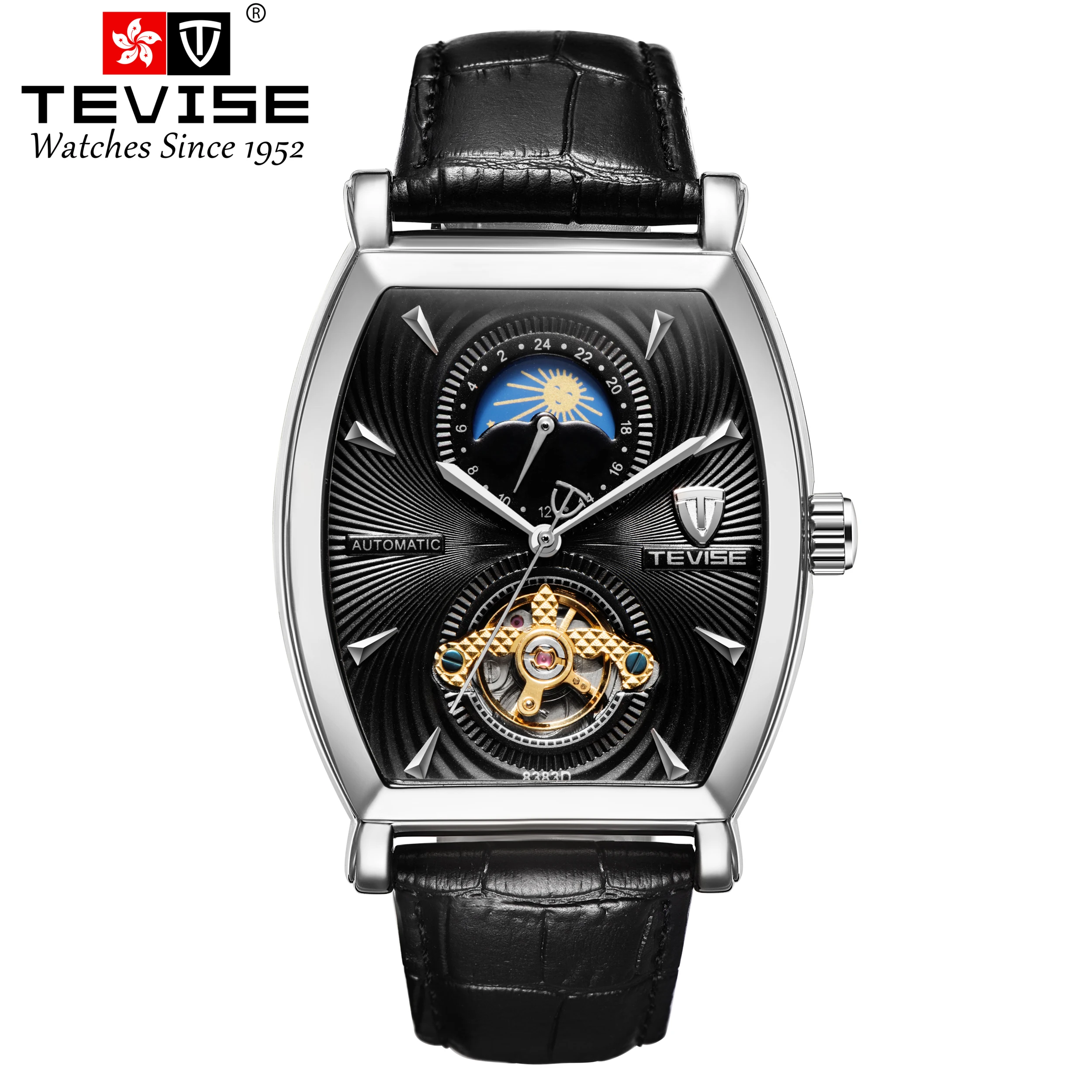 

Tevise Automatic Winding Watches Business Men Mechanical Watch Tourbillon Leather Relogio Automatico Masculino Square Clock 8383