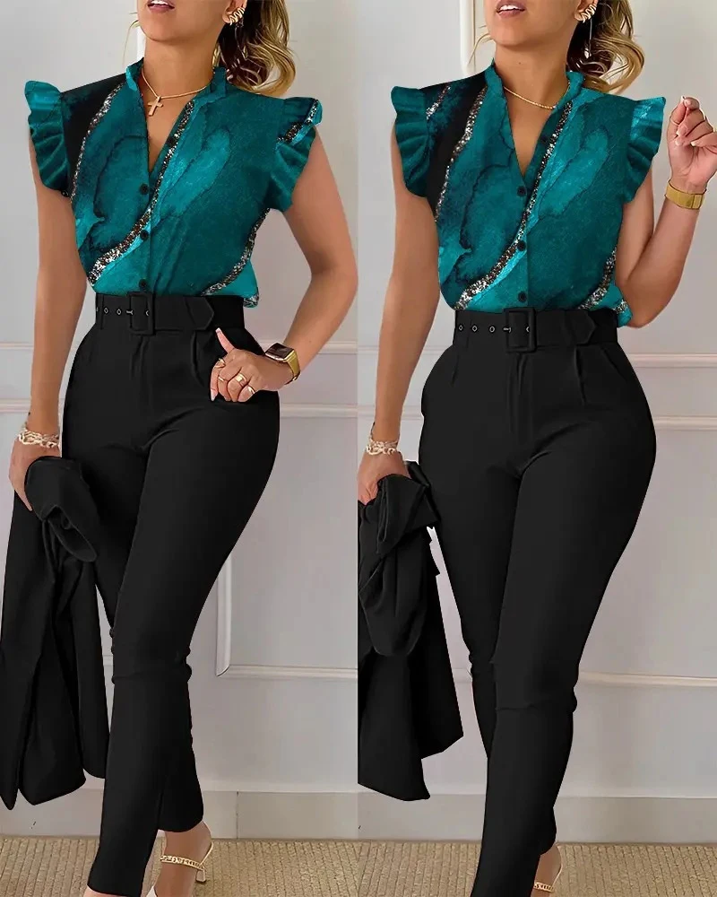 2023 Summer Printed Women's Set Ruffle Sleeve Button Ladies Top Solid Slim Belt Pocket Pants Two Pieces Fashion Casual Clothes