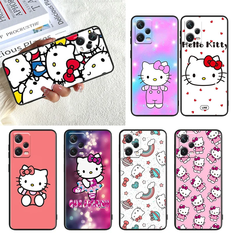 Cartoon Cute Hello Kitty Phone Case For Xiaomi Redmi Note 11E 11T 11S 10T 10S 9S 9T 8T 7 Pro Plus Lite Max Black Cover