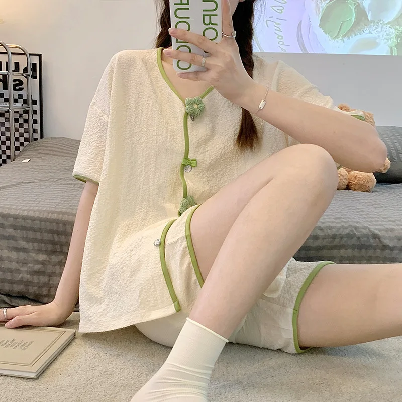 

College Style Pajamas Women's Short-Sleeved Shorts Suit New Casual Cotton Home Clothes Fairy Student's Sleepwear Pijamas Set