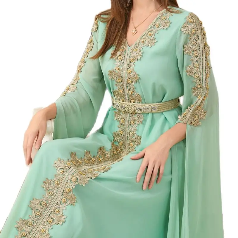 

Ramadan Abaya Muslim Woma V-Neck Long Sleeve Chiffon Dress Floral Embroidery Lace Panel Belted Robe Moroccan Caftan Turkey