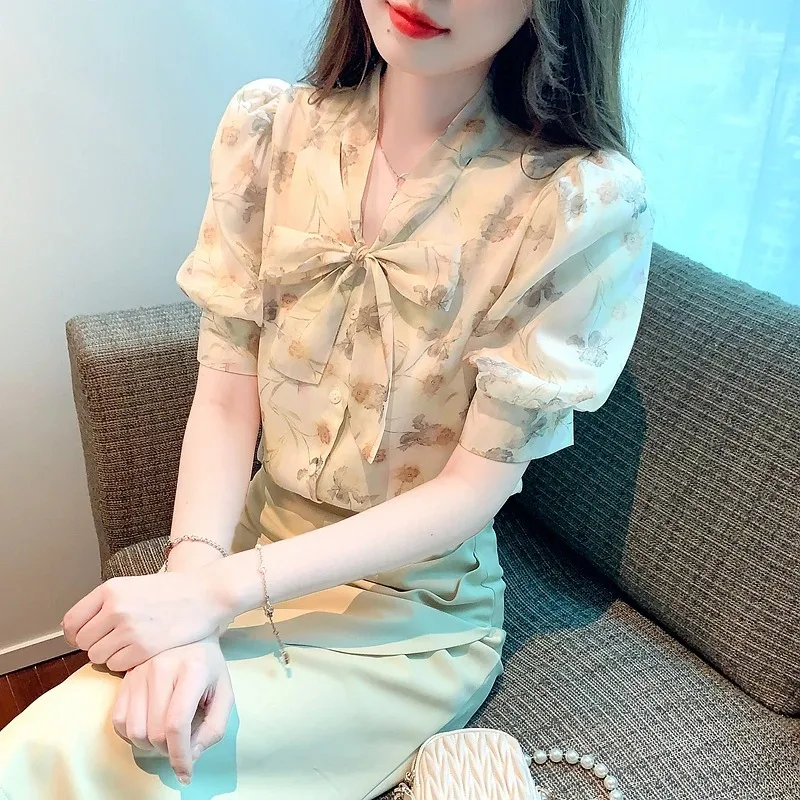 Летние женские Топы с бантом на воротнике шифоновая блузка принтом рубашка