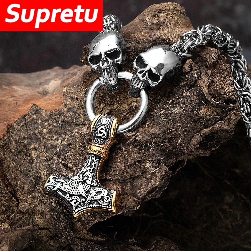 

Norse Mythology Thor's Hammer Skull Necklaces Men Stainless Steel Mjolnir Pendant Amulet Vikings Scandinavian Charm Male Jewelry