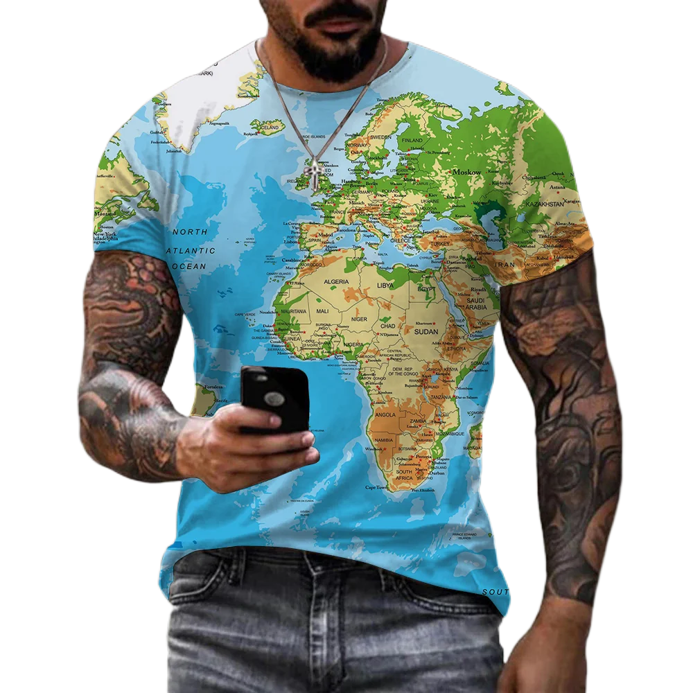 

Мужские топы, новинка 2022, футболки с 3D принтом карты мира, мужские повседневные модные рубашки высокого качества с коротким рукавом и круглым вырезом