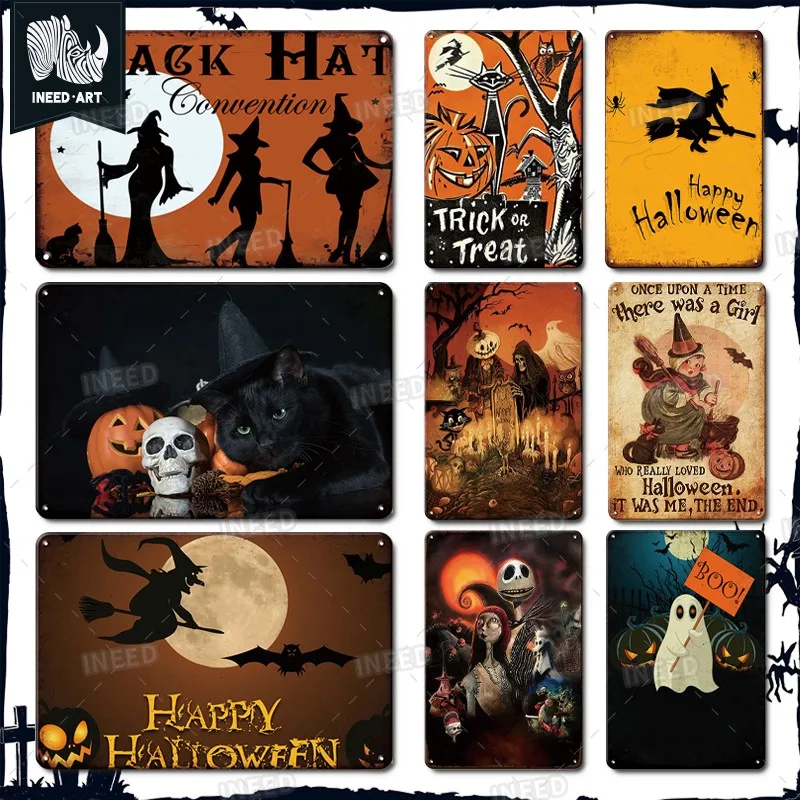 

INEED Halloween Decoration Retro Metal Sign Horror Movies Art Poster Black Cat Wall Decor Tin Plate Vintage Wall Home Decor