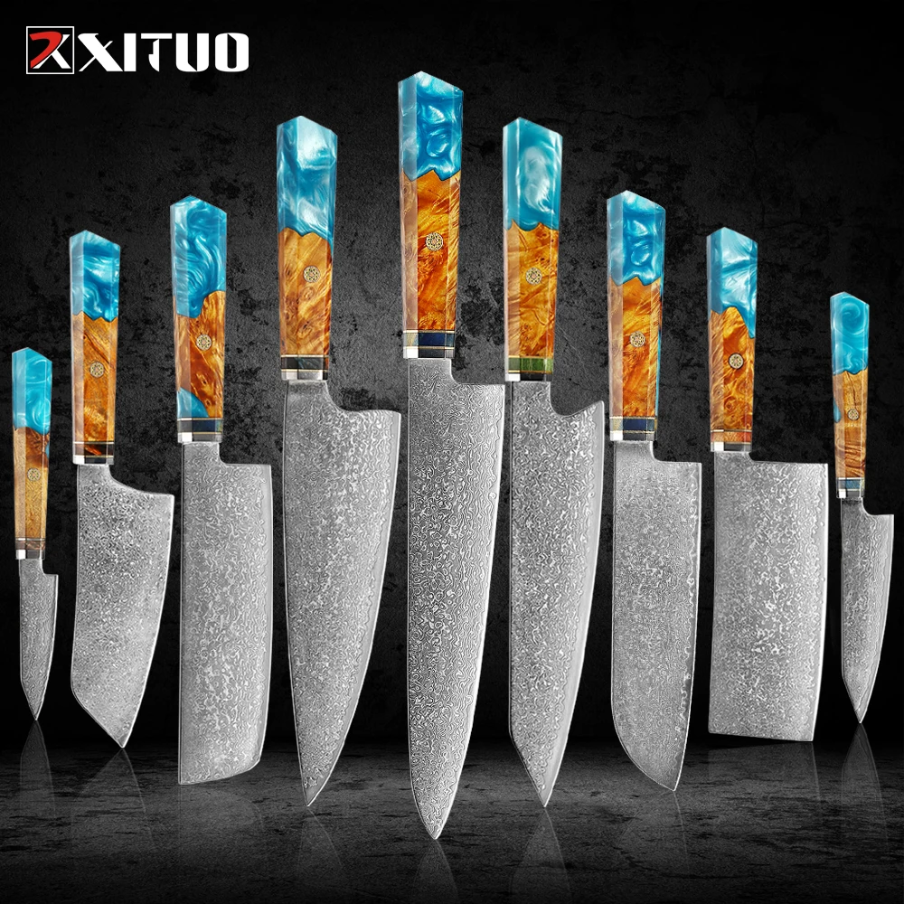 Набор кухонных ножей XITUO из дамасской смолы профессиональный шеф-нож сантоку с