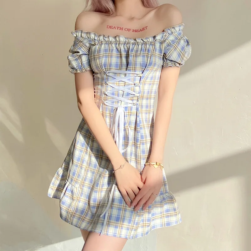 

Summer Party Birthday Holiday Cute Sexy One-line Collar Check Slim Fit Lace-up Ruffle Dress Fashion Elegant Lace-up Mini Dress