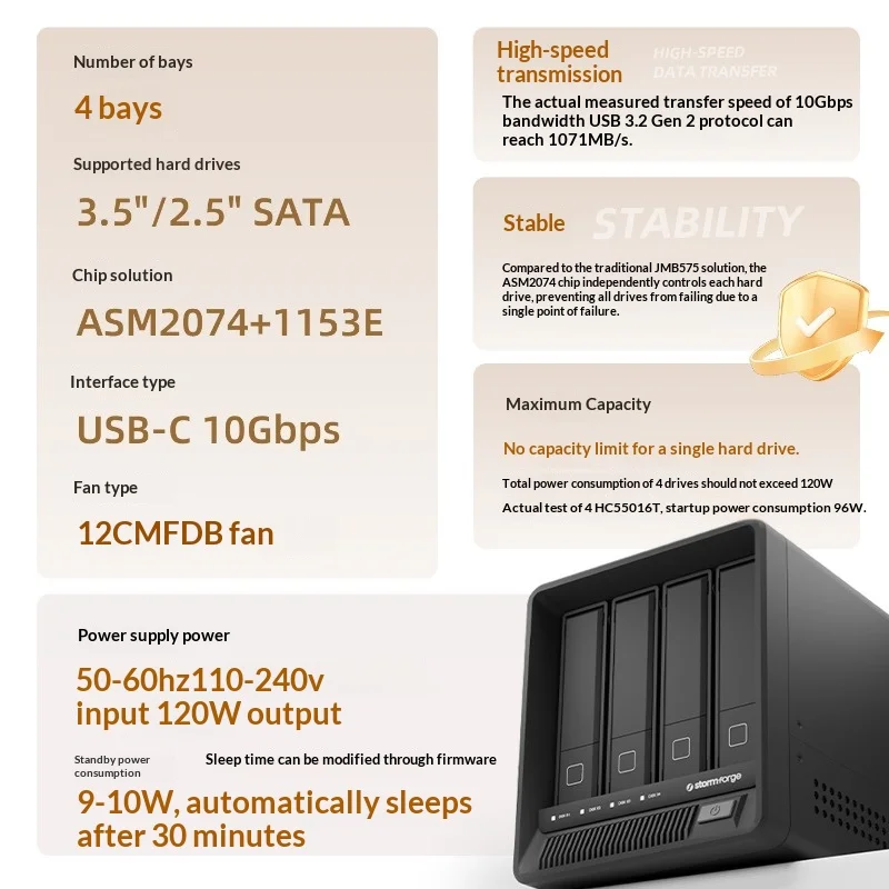 Фото Корпус для жестких дисков StormForge D4 с 4 отсеками USB-C 10 Гбит/с – ASM2074+1153E, независимые диски, без сбоев, для NAS/ПК/Mac №3