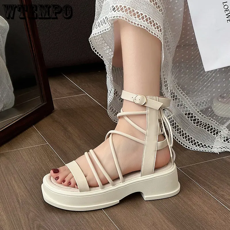 WTEMPO Women's High Heel Sandals Summer Sexy Cross Strap Shoes Fairy Style Zipper Girl Round Toe Boot Wholesale Dropshipping