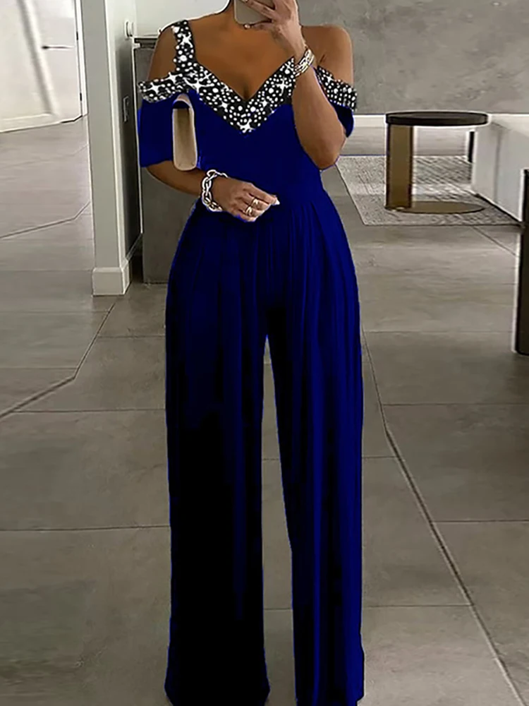 

Wide Leg Pants Women Summer Clothing Jumpsuits Patchwork Loungewear Short Sleeve V-Neck Ladies Playsuits Streetwear Dropshipping