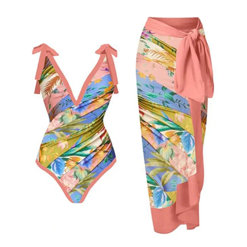 Floral Print Vintage Swimsuit with Skirt 2023 New Women V-Neck Swimwear Brazilian Holiday Designer Bathing Suit Beach Cover Up