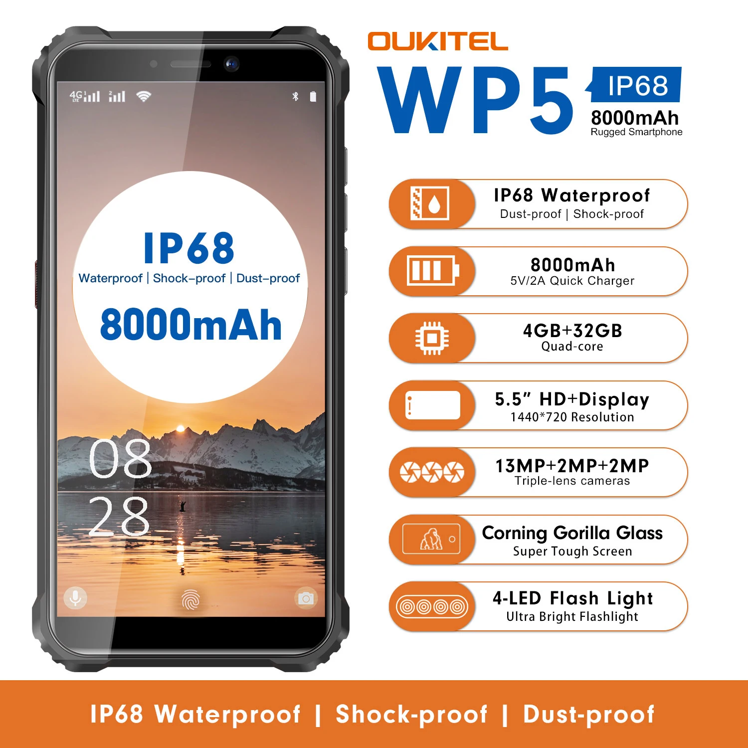 Oukitel WP5 IP68 Waterproof 4G Rugged SmartPhone 5.5 Inch 8000mAh Mobile Phone 4GB 32GB Triple Camera Cell Phone